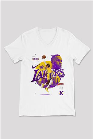Lebron James Baskılı Beyaz Unisex V Yaka Tişört - Tshirt