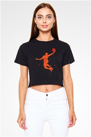 Lebron James Baskılı Siyah Crop Top Kadın Tişört - Tshirt