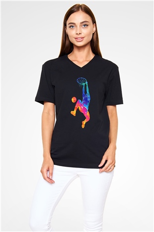 Lebron James Baskılı Unisex Siyah V Yaka Tişört - Tshirt