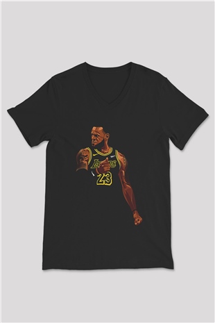 Lebron James Baskılı Unisex Siyah V Yaka Tişört - Tshirt
