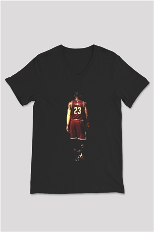 Lebron James Baskılı Unisex Siyah V Yaka Tişört - Tshirt