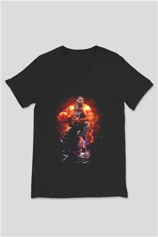 Lebron James Baskılı Unisex Siyah V Yaka Tişört - Tshirt