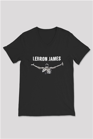 Lebron James Baskılı Unisex Siyah V Yaka Tişört - Tshirt