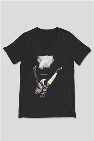 Lebron James Baskılı Unisex Siyah V Yaka Tişört - Tshirt