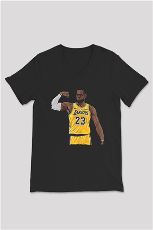 Lebron James Baskılı Unisex Siyah V Yaka Tişört - Tshirt