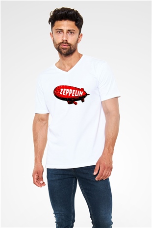 Led Zeppelin Beyaz Unisex V Yaka Tişört