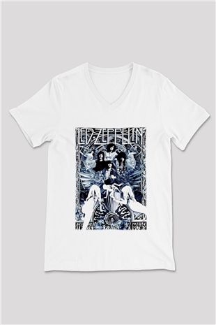 Led Zeppelin Beyaz Unisex V Yaka Tişört T-Shirt