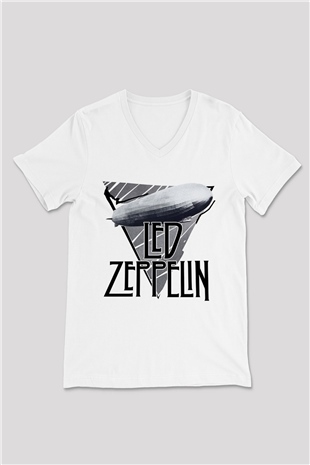 Led Zeppelin Beyaz Unisex V Yaka Tişört T-Shirt