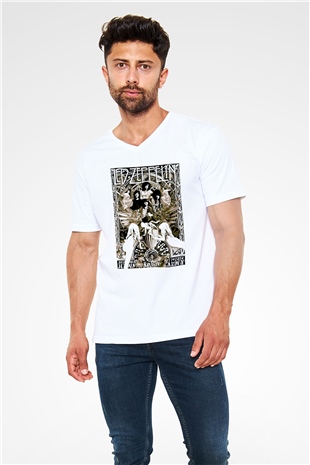 Led Zeppelin Beyaz Unisex V Yaka Tişört T-Shirt