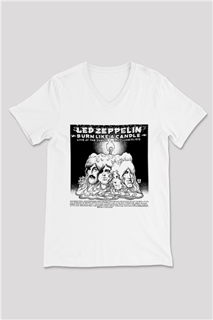 Led Zeppelin Beyaz Unisex V Yaka Tişört T-Shirt