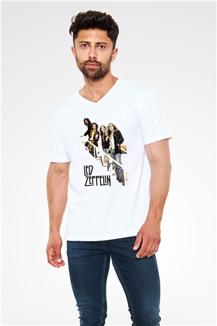 Led Zeppelin Beyaz Unisex V Yaka Tişört T-Shirt