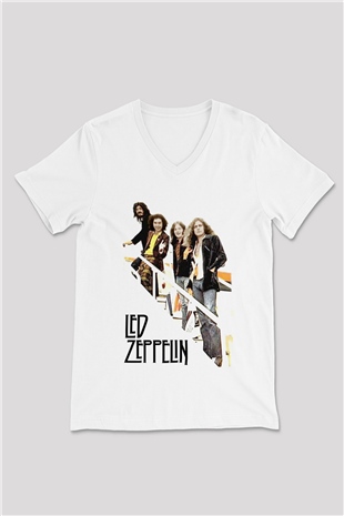 Led Zeppelin Beyaz Unisex V Yaka Tişört T-Shirt
