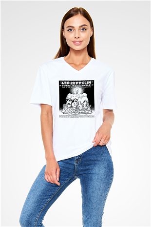 Led Zeppelin Beyaz Unisex V Yaka Tişört T-Shirt