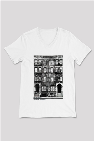 Led Zeppelin Beyaz Unisex V Yaka Tişört T-Shirt