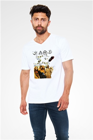 Led Zeppelin Beyaz Unisex V Yaka Tişört T-Shirt