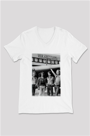 Led Zeppelin Beyaz Unisex V Yaka Tişört T-Shirt
