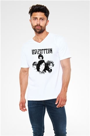 Led Zeppelin Beyaz Unisex V Yaka Tişört T-Shirt
