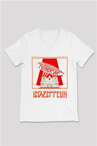 Led Zeppelin Beyaz Unisex V Yaka Tişört T-Shirt