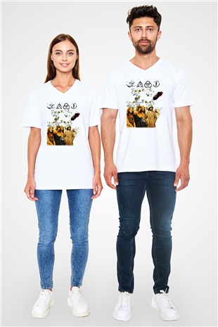 Led Zeppelin Beyaz Unisex V Yaka Tişört T-Shirt