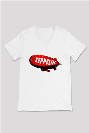 Led Zeppelin Beyaz Unisex V Yaka Tişört