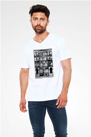 Led Zeppelin Beyaz Unisex V Yaka Tişört T-Shirt