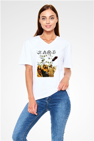 Led Zeppelin Beyaz Unisex V Yaka Tişört T-Shirt