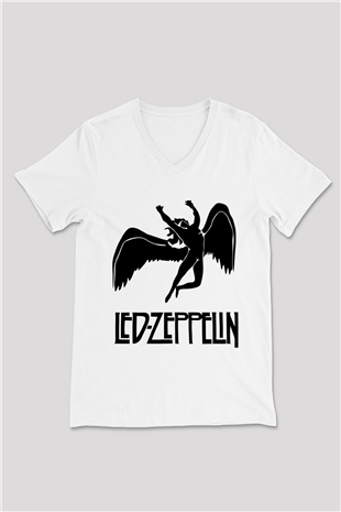 Led Zeppelin Beyaz Unisex V Yaka Tişört T-Shirt