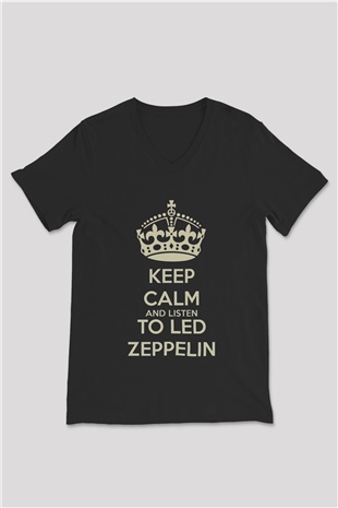 Led Zeppelin Keep Calm And Listen To Led Zeppelin Siyah Unisex V Yaka Tişört T-Shirt