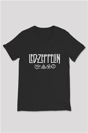 Led Zeppelin Siyah Unisex V Yaka Tişört T-Shirt