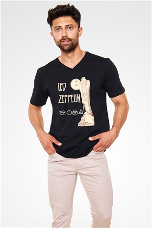 Led Zeppelin Siyah Unisex V Yaka Tişört T-Shirt