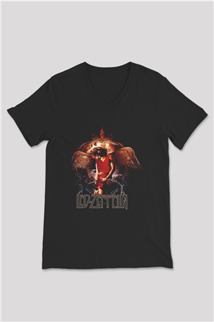 Led Zeppelin Siyah Unisex V Yaka Tişört T-Shirt