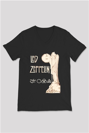 Led Zeppelin Siyah Unisex V Yaka Tişört T-Shirt