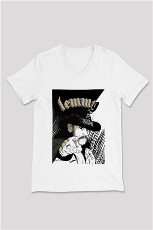 Lemmy Beyaz Unisex V Yaka Tişört T-Shirt