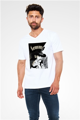 Lemmy Beyaz Unisex V Yaka Tişört T-Shirt