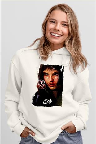Leon Baskılı Beyaz Unisex Hoodie
