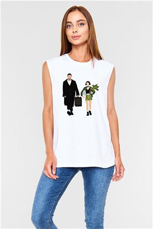Leon Baskılı Beyaz Unisex Kolsuz Tişört - Tshirt