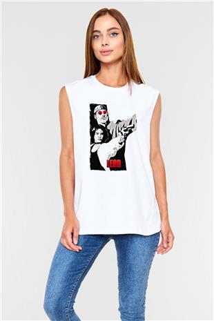 Leon Baskılı Beyaz Unisex Kolsuz Tişört - Tshirt