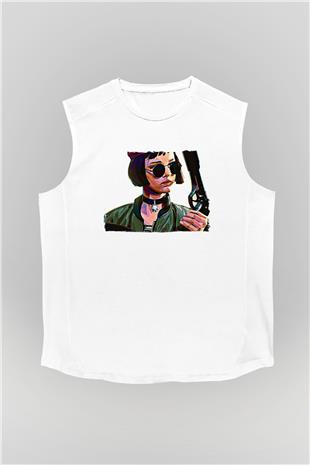 Leon Baskılı Beyaz Unisex Kolsuz Tişört - Tshirt