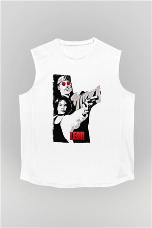 Leon Baskılı Beyaz Unisex Kolsuz Tişört - Tshirt