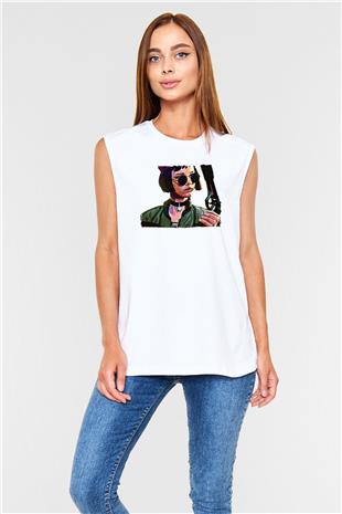 Leon Baskılı Beyaz Unisex Kolsuz Tişört - Tshirt