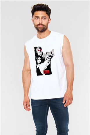 Leon Baskılı Beyaz Unisex Kolsuz Tişört - Tshirt