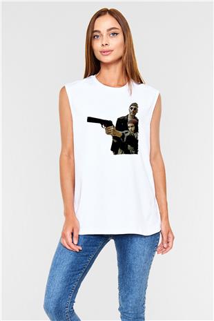 Leon Baskılı Beyaz Unisex Kolsuz Tişört - Tshirt