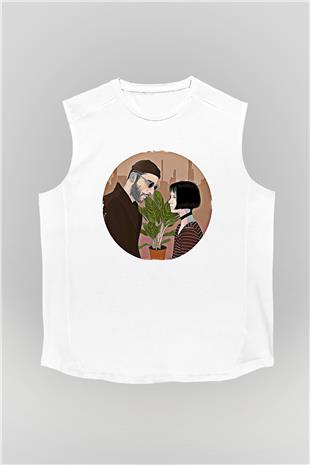 Leon Baskılı Beyaz Unisex Kolsuz Tişört - Tshirt