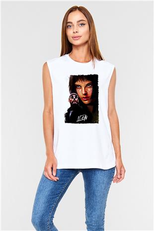 Leon Baskılı Beyaz Unisex Kolsuz Tişört - Tshirt