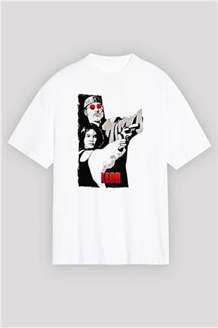 Leon Baskılı Beyaz Unisex Oversize Tişört - Tshirt