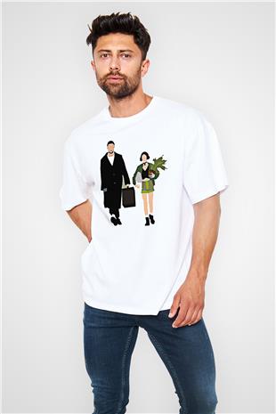 Leon Baskılı Beyaz Unisex Oversize Tişört - Tshirt
