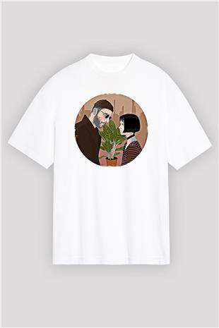 Leon Baskılı Beyaz Unisex Oversize Tişört - Tshirt