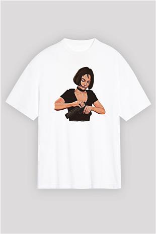 Leon Baskılı Beyaz Unisex Oversize Tişört - Tshirt