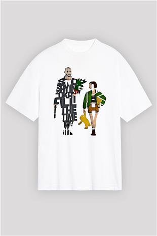 Leon Baskılı Beyaz Unisex Oversize Tişört - Tshirt