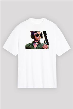 Leon Baskılı Beyaz Unisex Oversize Tişört - Tshirt